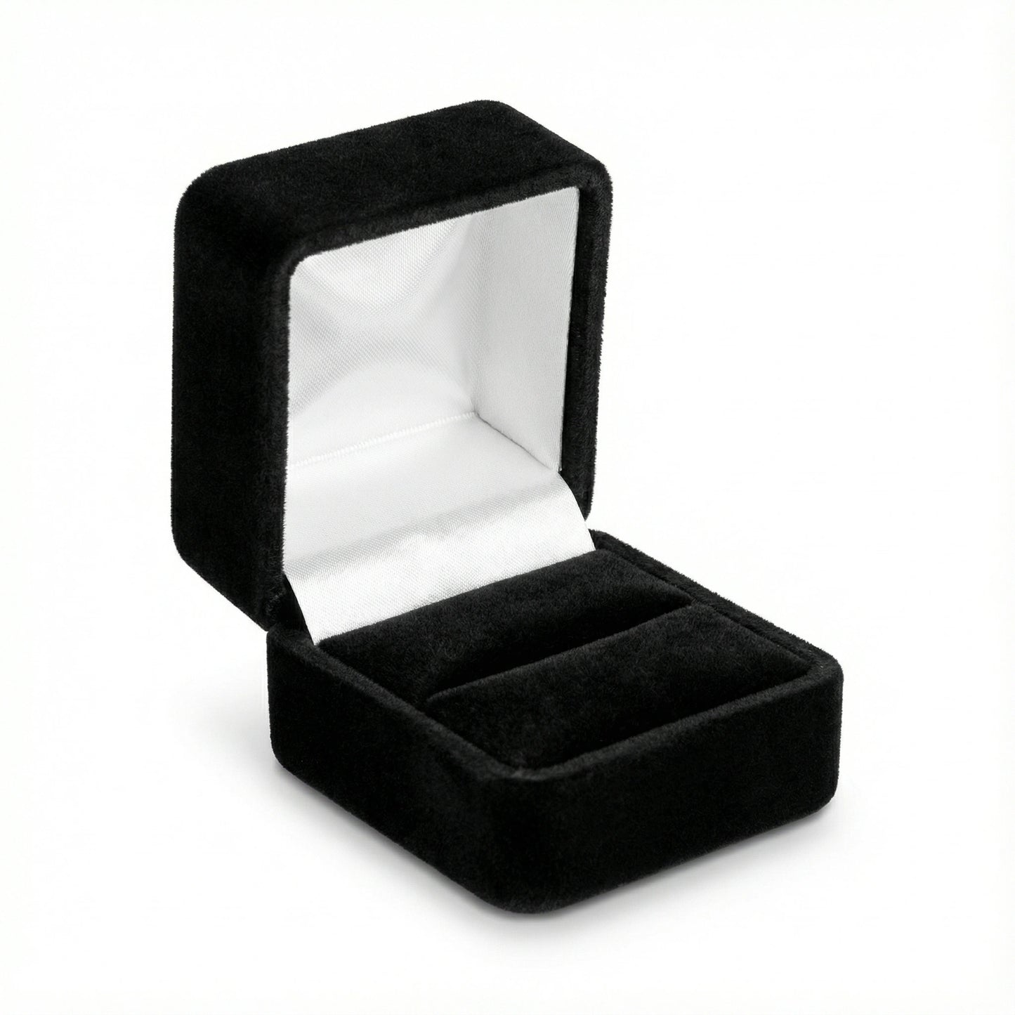 Black velvet jewelry box with white interior on a white background