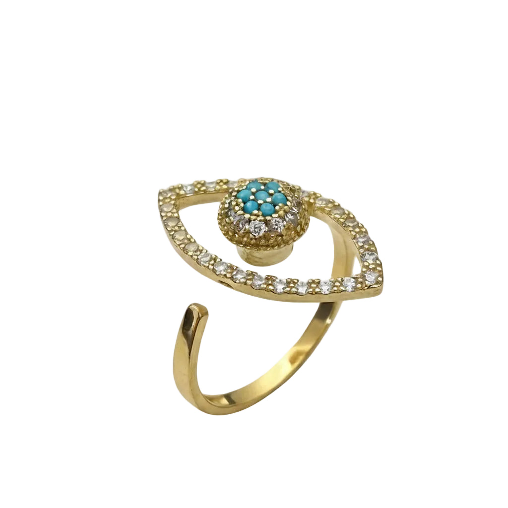 Gold ring with turquoise stone and diamond accents on a white background