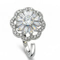 Silver ring with a large central gemstone and smaller stones on a white background