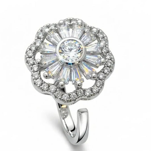 Silver ring with a large central gemstone and smaller stones on a white background