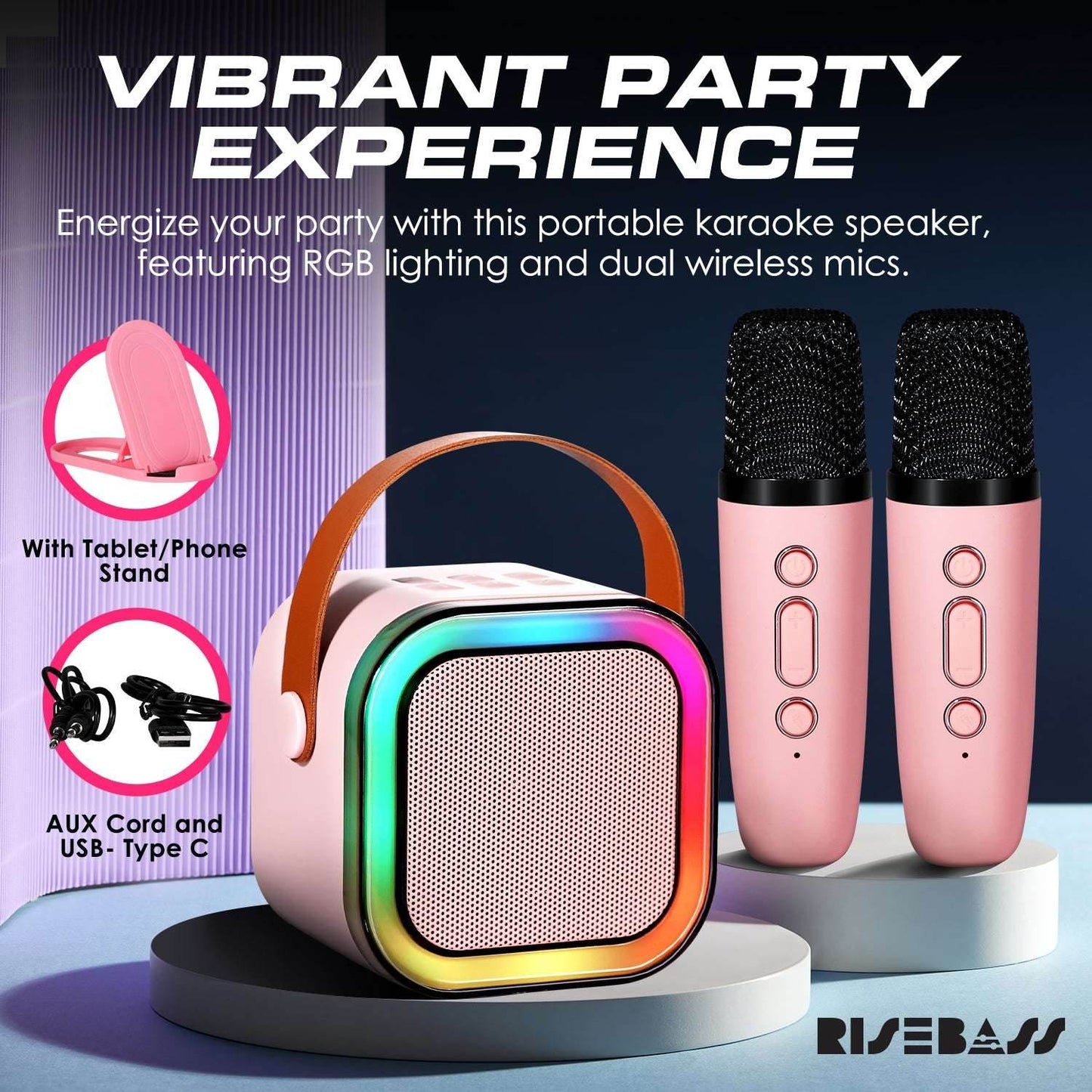 Risebass Mini Karaoke Machine for Kids Adults, Portable Bluetooth Speaker with 2 Wireless Microphones, Toys Birthday Gifts for Girls Years Old Toddler Teens. - BINZAAR